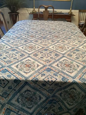 TABLECLOTHS (2) Unbranded Cream, Blue, And Orange, Yellow Design 102 X 45” - Image 1 of 4