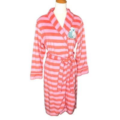 Nick Nora Womens  XS/S Embroidered Owl Belted Fleece Bath Robe Pink Stripes - Image 1 of 4