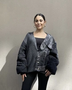 H4 Oversize Strick & Kunstleder Strickjacke Gr. 18-20/40 Made In Turkey - Bild 1 von 9