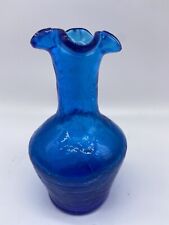 Vintage Marine Blue Hand Blown Crackle Rainbow Glass Bud Vase  5" Ruffled Rim