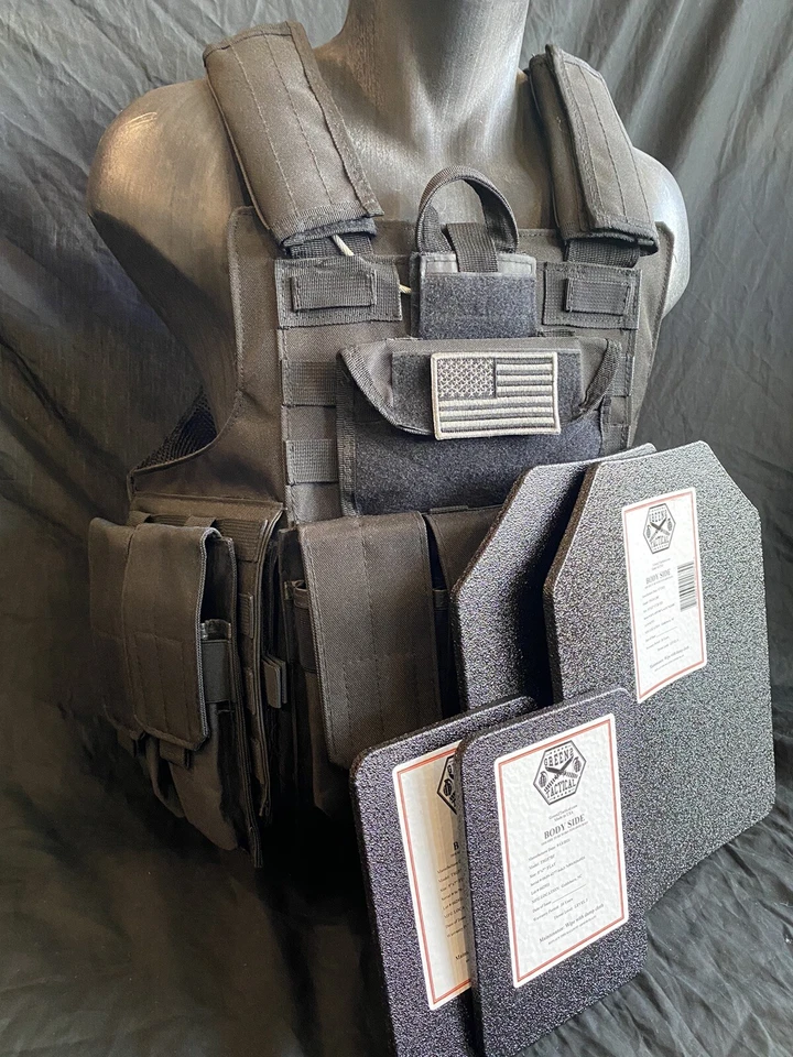 GREEN2 TACTICAL Black Tactical Vest Plate carrier w/ 2 Curved 10x12 Plates & Side Plates