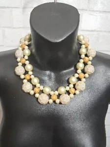 Lenora Dame Faux Pearl Crystal Wood Stone Beads Statement Necklace Collar Chunk - Picture 1 of 9