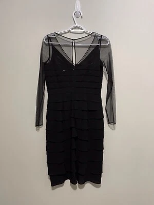 Adrianna Papell Dress Sz 6 Sheath Black Sheer Long Sleeve V Neck Night Out LBD - Image 1 of 4