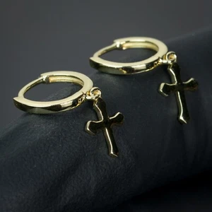 14K Gold Plated Solid Cross Drop Dangle Huggie Hoop Earrings For Men - Picture 1 of 4