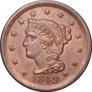 1849 1C Braided Hair Large Cent - Beautiful Strike, Details & Color - Foto 1 di 4