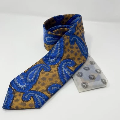 Corbata y pañuelo estilo cachemir IMANI UOMO estampado tacto seda azul mostaza amarillo Foto 1 de 4