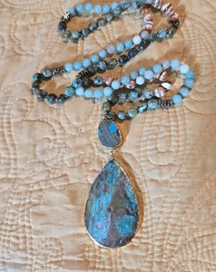 Natural Stone Beaded Necklace With Large Drop Pendant - Picture 1 of 11