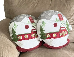 Snowy Christmas Scene Throw Pillows Red Green Gray House and Trees 17.5 Inch 2Pc - Picture 1 of 4
