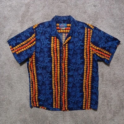 Rainbow Hawaii Inc Hawaiin Shirt Mens Large Blue Tribal Floral Cotton USA - Image 1 of 4