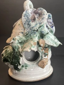 Vintage Steinzeug Vogelhaus glasiert hängend Keramik Volkskunst Garten 7,5" Lillys - Bild 1 von 9