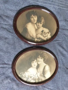 PAIR ANTIQUE OVAL FRAMED PRINTS EARLY PHOTOGRAPHY PORTRAIT B+W GLAZED WOOD FRAME - Picture 1 of 12