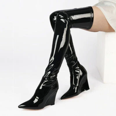 Sexy Women Wedge Heel Over the Knee Boots Pointy Toe Pu Leather Thigh High Shoes - Image 1 of 4