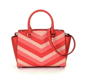 NWT MICHAEL Michael Kors Selma Chevron-Striped Medium Top Zip Satchel Coral $348 - Picture 1 of 10