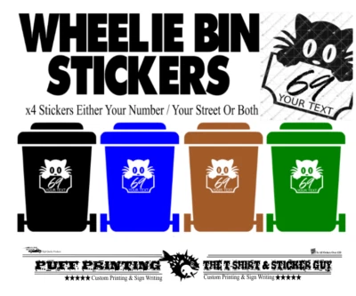 X4 WHEELIE BIN NUMBERS CAT CUSTOM HOUSE ROAD ST NAME Stickers Decals - Image 1 of 3