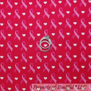 BonEful FABRIC Cotton Quilt Pink White Heart Ribbon Breast Cancer Ribbon 1 SCRAP - Picture 1 of 8