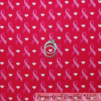BonEful FABRIC FQ Cotton Quilt Pink White Heart Ribbon Breast Cancer Ribbon Lady - Image 1 of 4