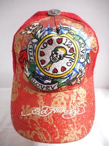 Don Ed Hardy Designs Red Mesh Trucker Snapback Cap Clock Love Kills Crossbones - Picture 1 of 12
