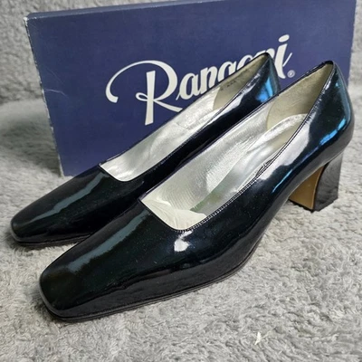 VTG Rangoni of Florence Navy Patent Leather Block Heel Pumps Shoes 8 AAA NEW - Image 1 of 4