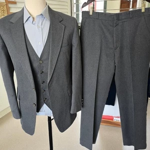 Vintage 70s 3 Piece Suit 44r 34x29 Sears Poly Wool Metal Buttons - Picture 1 of 24