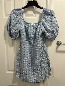 Women’s H&M Medium Puff-Sleeved Dress Blue White Checked Pattern - Picture 1 of 4