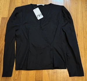 ZARA Damen Bluse schwarz strukturiert Langarm Puffschulter Größe L LESEN - Bild 1 von 8