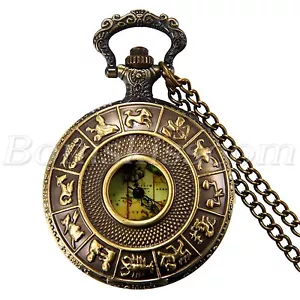Antique Copper Hollow Map Twelve Constellation Quartz Pocket Watch Sweater Chain - Picture 1 of 4