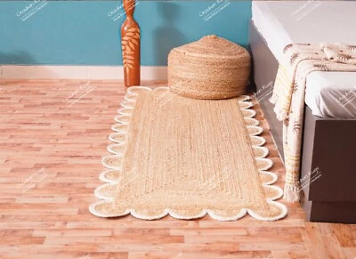 Beige Scalloped Jute Rug With Scallop White Border, Hand Braided Runner Jute Rug - Image 1 of 4