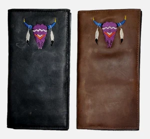 Western RODEO WALLET / Cowboy CHECKBOOK COVER with EMBROIDERED Indian-style Logo - Picture 1 of 17