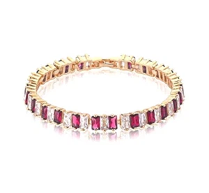 Yellow gold finish red ruby and created diamond emerald cut tennis bracelet - Picture 1 of 12