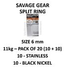 SAVAGE GEAR 6mm SPLIT RING 20pce STAINLESS AND BLACK NICKEL PIKE ZANDER LURE RIG