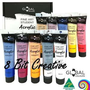 New! GLOBAL COLOURS 10 Brilliant Colours x 75ml Acrylic Paint Tubes Set Painting - Picture 1 of 8
