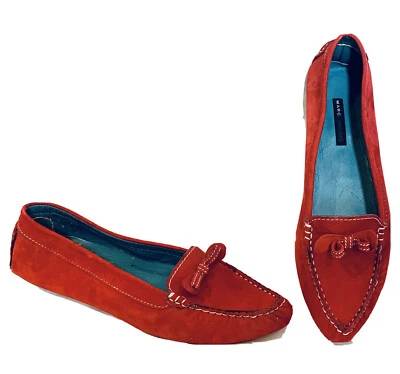 Marc Jacobs NUEVO $330 Tomate Rojo Gamuza Cuero Lazo Puntada en Contraste Planos Nuevo en Caja 11 M Foto 1 de 4