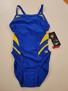 NWT Speedo Women’s Powerflex Eco Flyback One Piece Swimsuit, Size 26 Blue Yellow - Picture 1 of 7