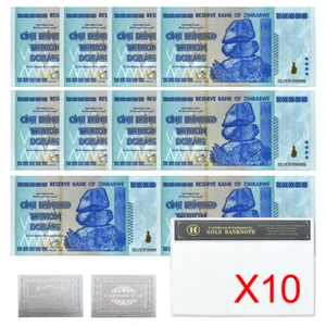 10pcs Zimbabwe One Hundred Trillion Dollars Silver Foil Banknotes with Shell - Picture 1 of 6