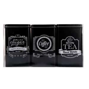 Coffee Tea Sugar Tins Black Rectangular Storage Metal Set of 3 Vintage Design - Picture 1 of 4