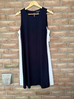 NWT Lauren Ralph Lauren Sleeveless Lined Dress Size 16 Navy Blue,White Org $125 - Image 1 of 4