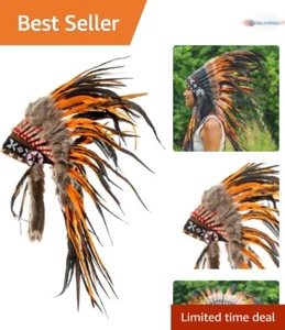 Orange Feather Headdress - Authentic Handcrafted War Bonnet Inspired Design - Picture 1 of 8
