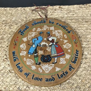 Folk Art On Wood Kitchen Wall Hanging Decor Man Woman Kiss Food Love Butter Vtg - Picture 1 of 4