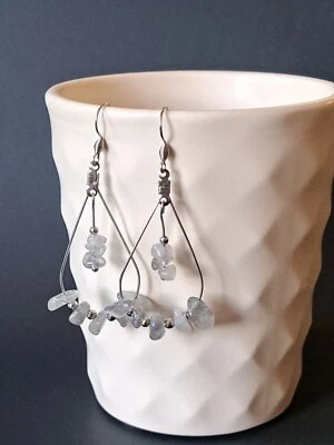 Pendientes colgantes de piedras preciosas irregulares de labradorita natural de acero inoxidable  Foto 1 de 2