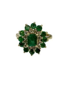 Estate 1.24 ctw Natural Emerald & Diamond Double Halo Ring 18k Yellow Gold - Picture 1 of 6
