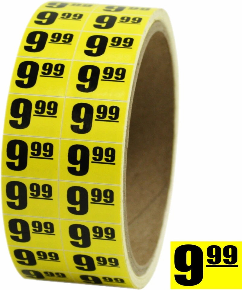SQUARE DEAL RECORDINGS & SUPPLIES 9.99 $10 Sale Discount Price Labels Stickers DAY-GLO YELLOW .75"x.5" Store Use