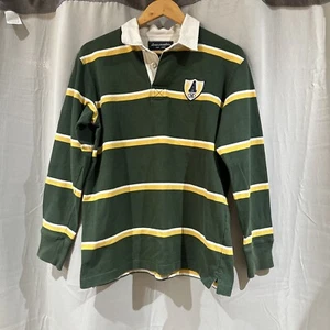 Abercrombie Polo Shirt Men XL Green/Yellow/White Striped Long Sleeve Patches - Picture 1 of 16