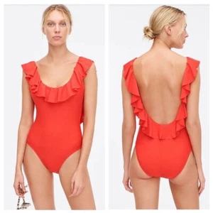 J.Crew Cerise Bright Red Ruffled scoopback One-piece Swimsuit Women’s Size 14 - Picture 1 of 9