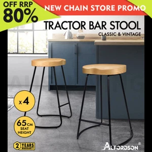 ALFORDSON 4x Bar Stools 65cm Tractor Kitchen Wooden Vintage Chair Natural - Picture 1 of 12