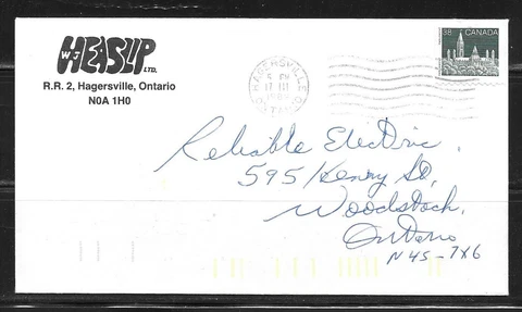 Canada Advertising Cover - Hagersville 1989 - WJ Heaslip Ltd Cover