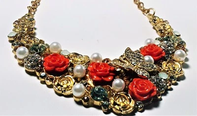 BETSEY JOHNSON  GOLDEN ROSE CORAL ROSE BUTTERFLY PEARL CRYSTAL CHOKER - Image 1 of 4
