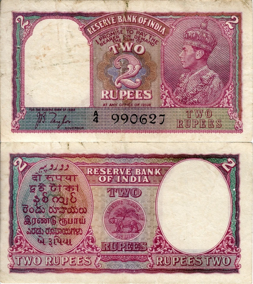 Billete de 2 rupias de la India Británica 1937 ND P-17a, firma Sir J. B. Taylor Foto 1 de 1