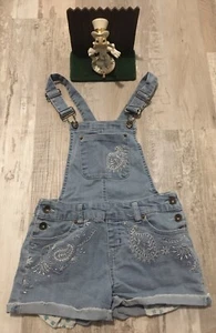 Lucky Brand Overall Shorts Girls 10 Blue Light Wash Denim Distressed Pockets - Picture 1 of 6