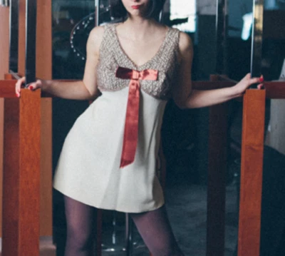 Vintage 60’s / 70’s Ivory Mini Dress with Taupe Lace and Rust Colored Bow - XS/0 - Image 1 of 4