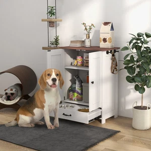 Dog Feeding Station w/ Raised Dog Bowls, Adjustable Panel, White - Picture 1 of 11